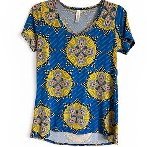 LULAROE Ladies Blue & Yellow Geometric Short Sleeve “Classic T” Size XXS